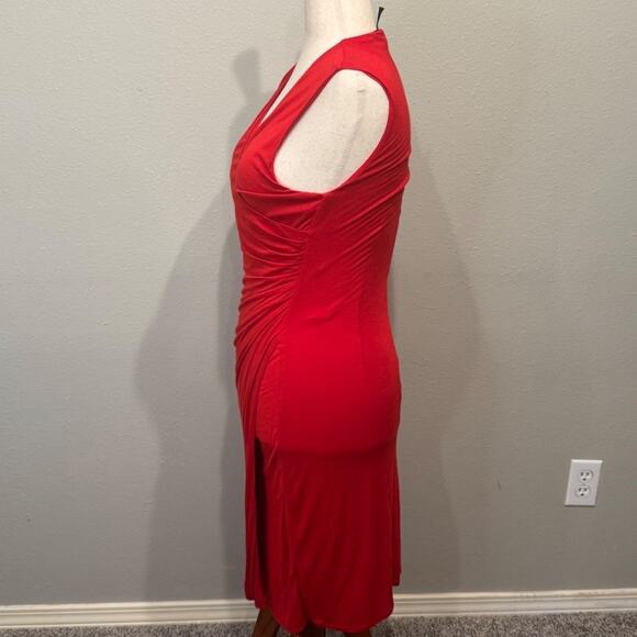 Lauren Ralph Lauren dress red knit sleeveless faux wrap midi length bodycon Sz M - Picture 3 of 7